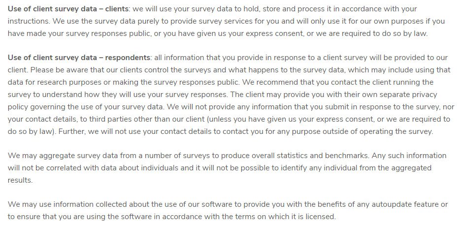 Snap Surveys Privacy Policy: clause about Use of survey data for clients and respondents