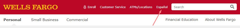 Wells Fargo website header with option to switch language from English to Spanish