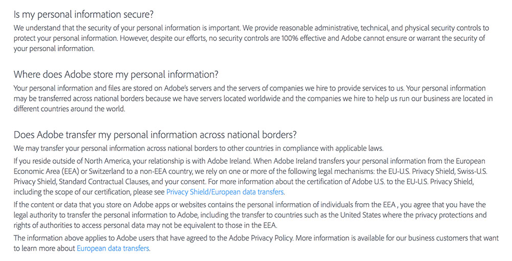 Adobe Privacy Policy: Clauses for storing, securing and transferring personal information