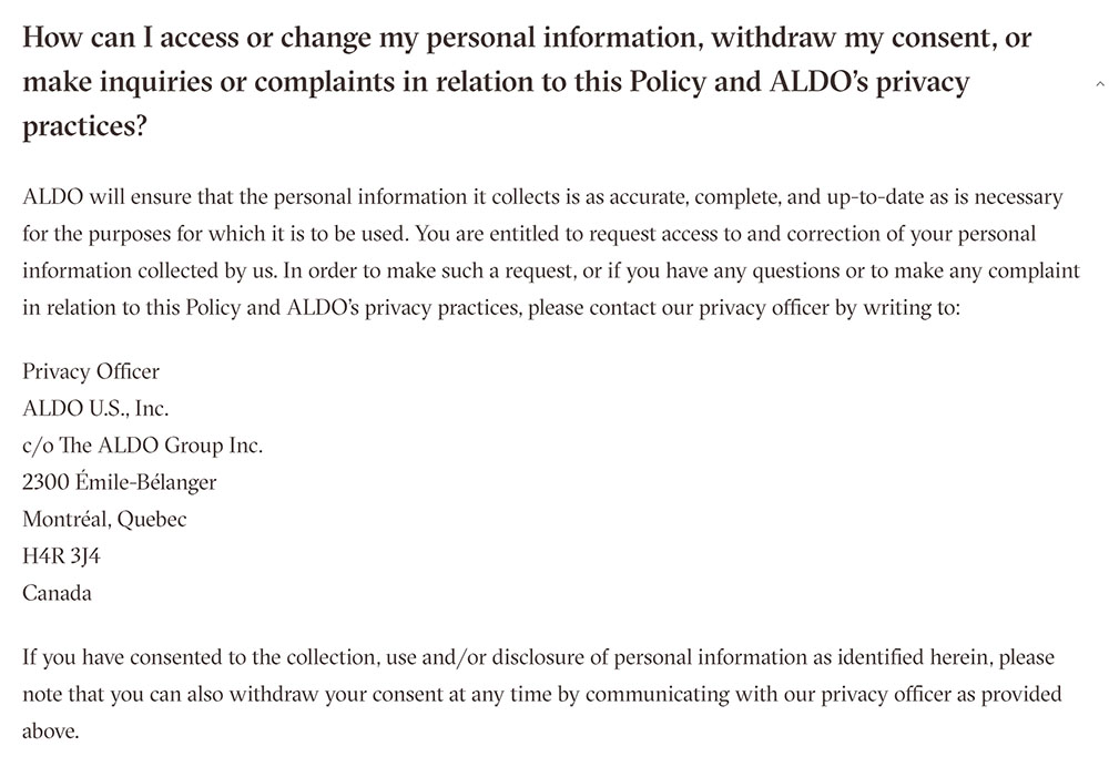 Aldo Privacy Policy clause for how to access or change personal information or withdraw consent