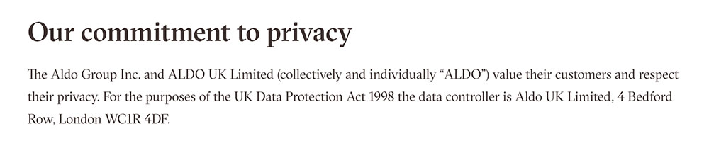 Aldo Privacy Policy: Company identification and physical location in clause