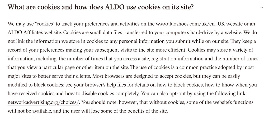 Aldo Privacy Policy: What are cookies and how ALDO use cookies on site clause