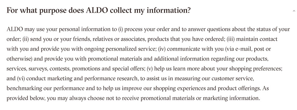 Aldo Privacy Policy clauses about what information is collected and how it&#039;s used