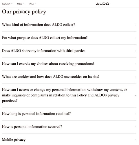 ALDO Privacy Policy main menu