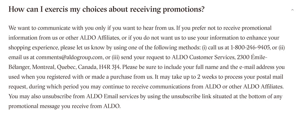 Aldo Privacy Policy: Opting out of Communications clause