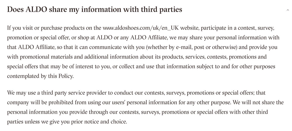 Aldo Privacy Policy: Sharing information with third parties clause
