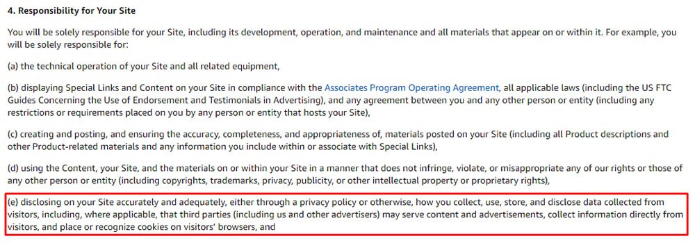 Amazon Associates Program Participation Requirements: Responsibility for Your Site clause