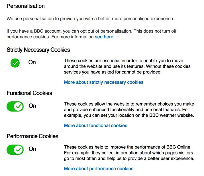 BBC cookies personalisation settings page