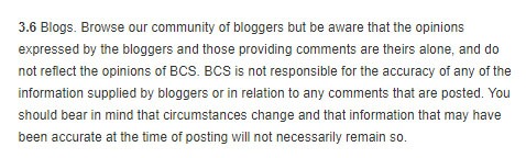 BCS Disclaimer of Liability for blog comments