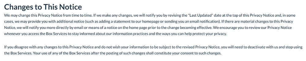 Box Inc. Privacy Policy: Change to This Notice clause