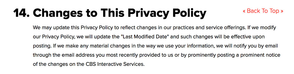 CBS Privacy Policy: Changes to This Privacy Policy clause