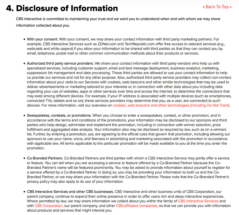 CBS Privacy Policy: Disclosure of Information clause