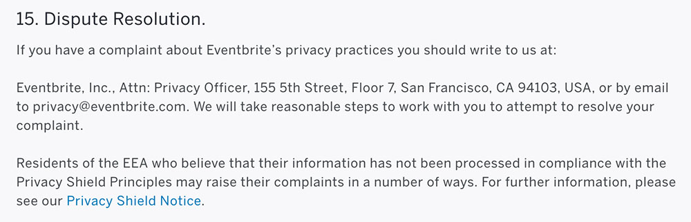 Eventbrite Privacy Policy: Dispute Resolution clause