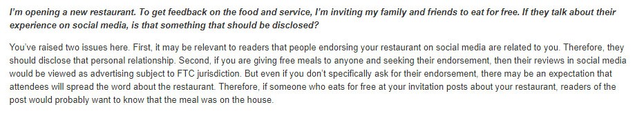 &quot;FTC Endorsement Guides: What People are Asking&quot; section addressing disclosing reviews of free food from restaurants