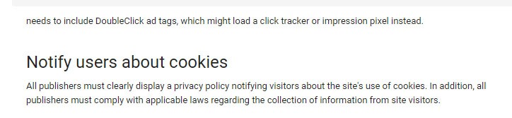 Google&#039;s DoubleClick Cookies support page requiring publishers to notify users about cookies