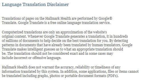 Hallmark Health Language Translation Disclaimer