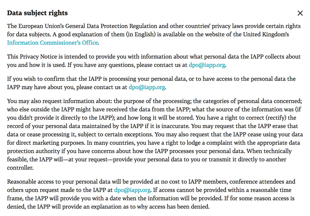 IAPP Privacy Policy: Data Subject Rights clause mentioning GDPR
