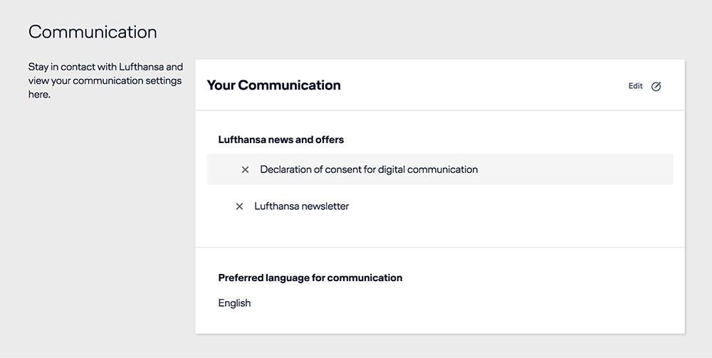 Lufthansa Communication settings interface