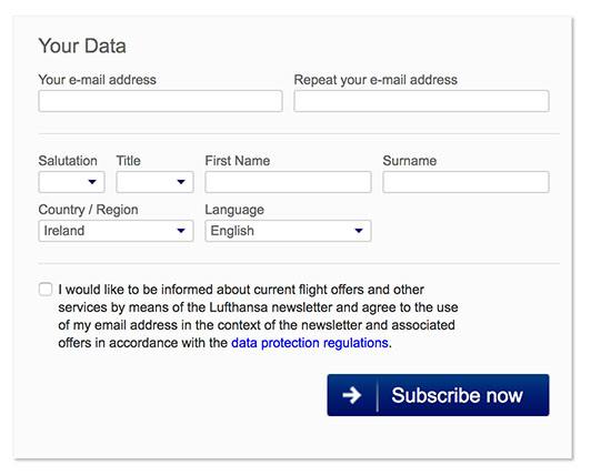 Lufthansa email subscribe form with consent checkbox