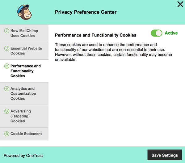 MailChimp&#039;s Privacy Preference Center with cookies settings