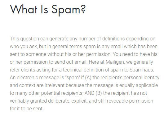 Mailigen Anti-Spam Policy: What is Spam? Clause