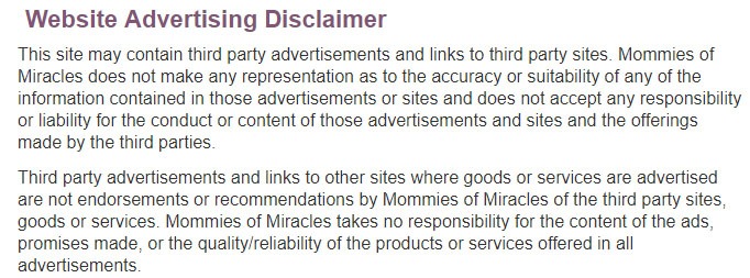Mommies of Miracles Website Advertising Disclaimer
