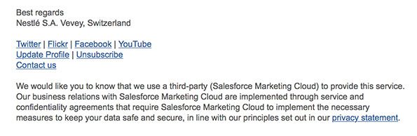 Nestle email footer showing unsubscribe link and a third-party disclosure
