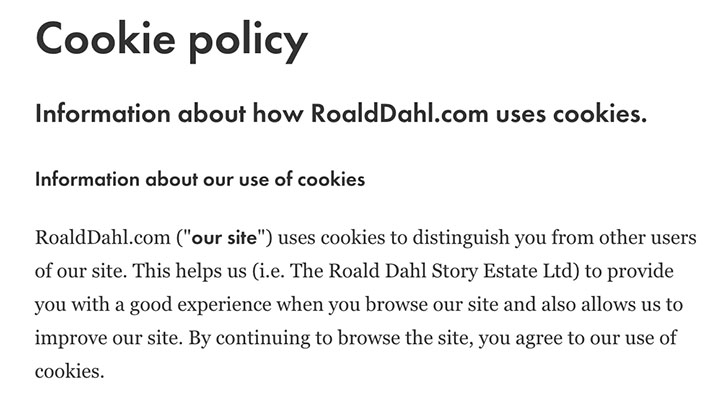Roald Dahl Cookie Policy using browsewrap