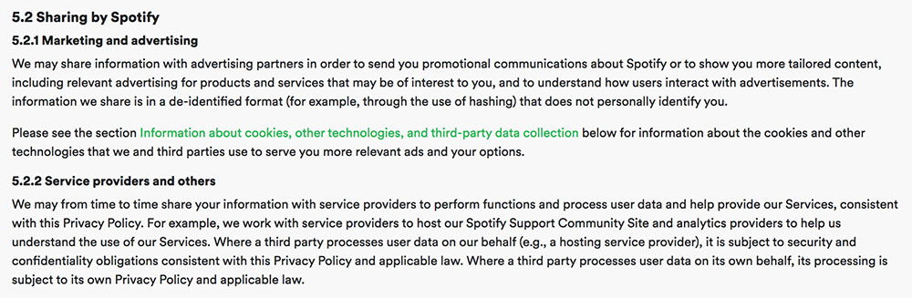 Spotify Privacy Policy: Sharing information with third parties clause