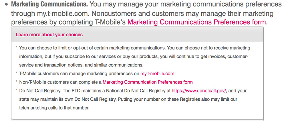 T-Mobile Privacy Policy: Marketing Communications clause