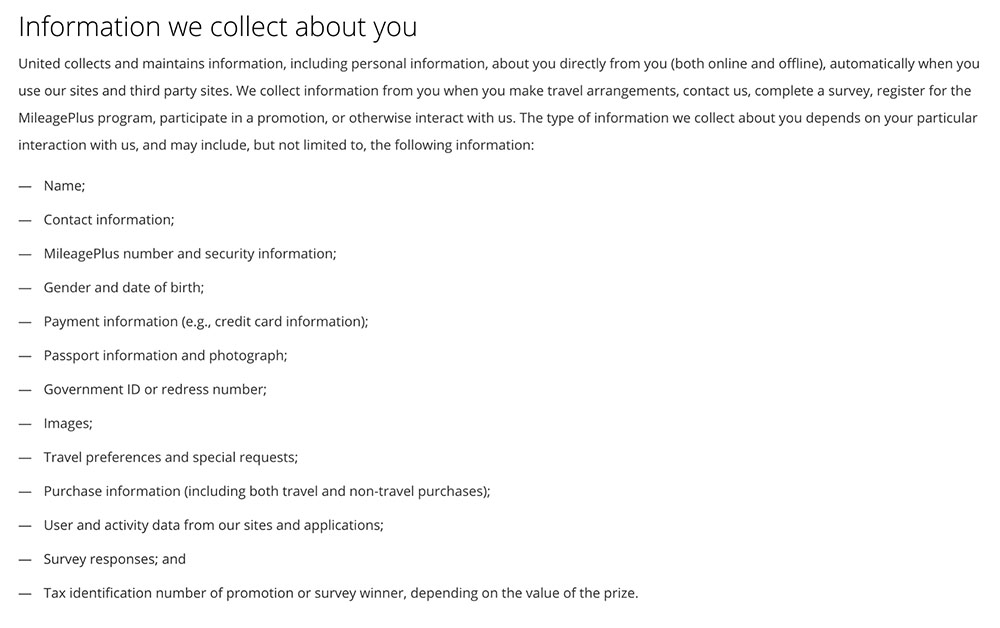 United Airlines Privacy Policy: Information we collect about you clause