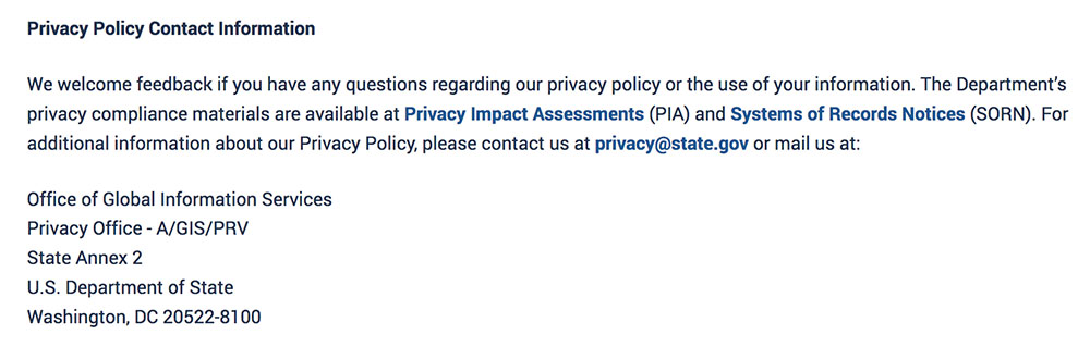 US Dept of State Privacy Policy: Contact Information