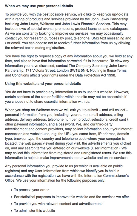 Waitrose Privacy Policy: How Personal Information is Used clause