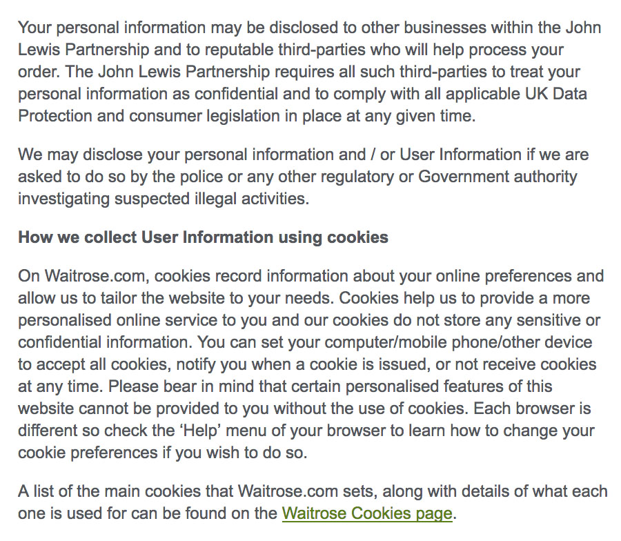 Waitrose Privacy Policy: Clauses about sharing personal information and cookies