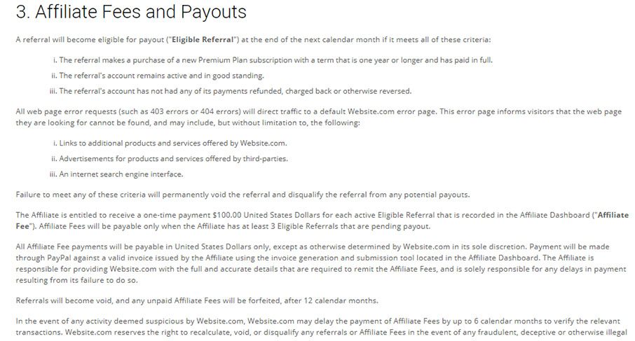 Website.com Terms and Conditions: Affiliate Fees and Payouts clause