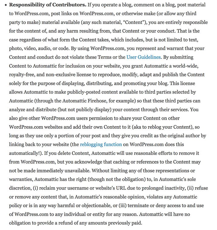 Automatic Terms of Service: Responsibility of Contributors clause  for user-generated content