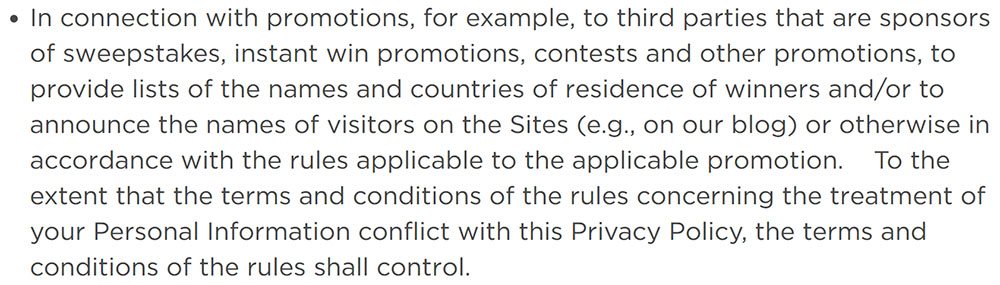 Coca-Cola Privacy Policy: Clause mentioning sweepstakes and third party sharing of information
