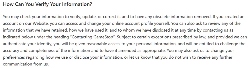 GameStop Privacy Policy: How Can You Verify Your Information clause