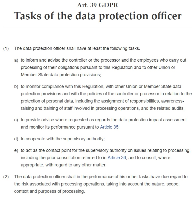 GDPR Article 39: Tasks of the Data Protection Officer