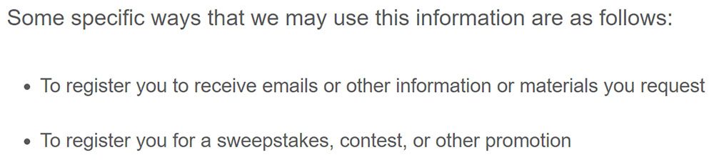 General Mills Privacy Policy: How information is used clause mentioning sweepstakes