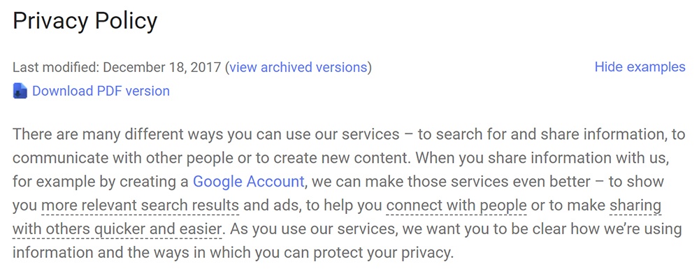 Intro of the Google Privacy Policy