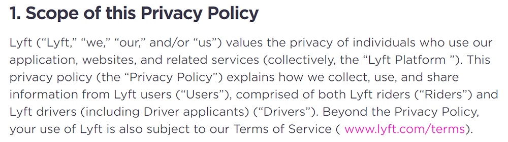 Lyft Privacy Policy: Scope of this Privacy Policy clause