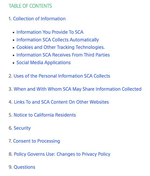 Sony Privacy Policy table of contents