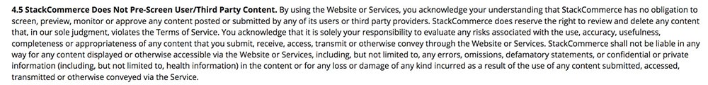 StackCommerce Terms of Use: Screening third party/user generated content clause