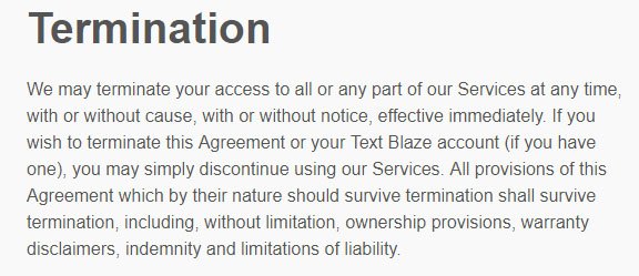Text Blaze Terms of Service: Termination clause