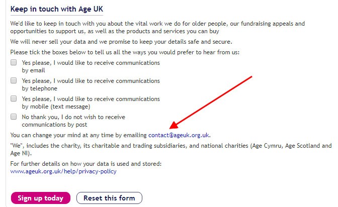 Age UK communications sign-up form with opt-out email address