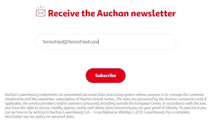 Auchan newsletter subscribe form with information about how to access data and unsubscribe