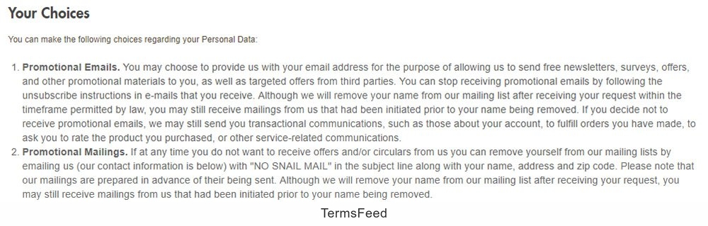Bed, Bath and Beyond Privacy Policy: Your Choices clause, sections 1 and 2
