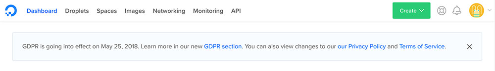 Digital Ocean GDPR banner notification with links