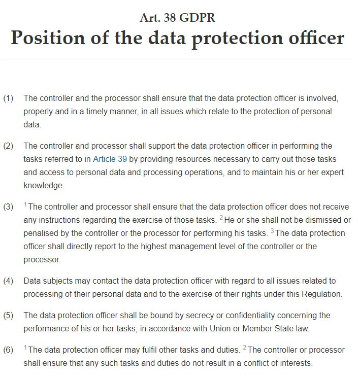 GDPR Article 38: Position of the data protection officer